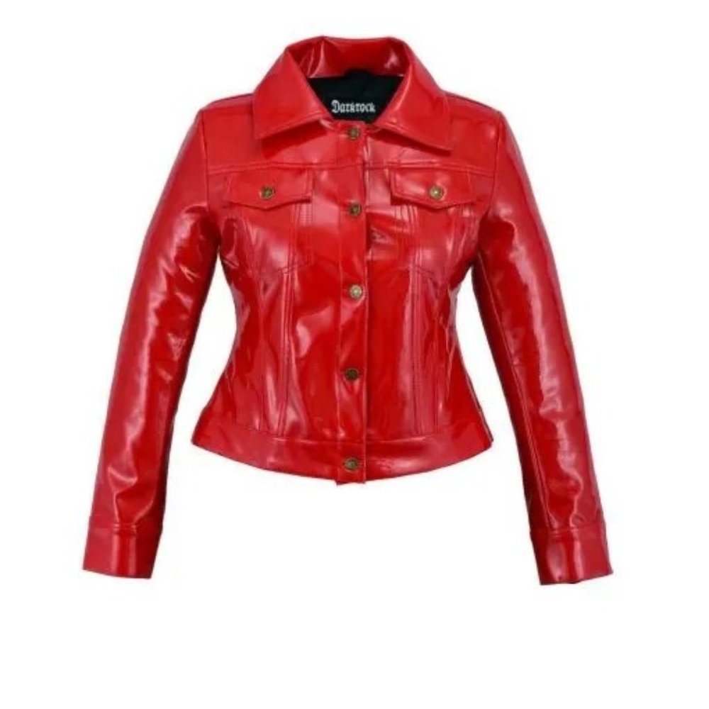 Vinyl Trucker Jacket Red PVC Women’s Shiny PVC Vinyl Jacket USA